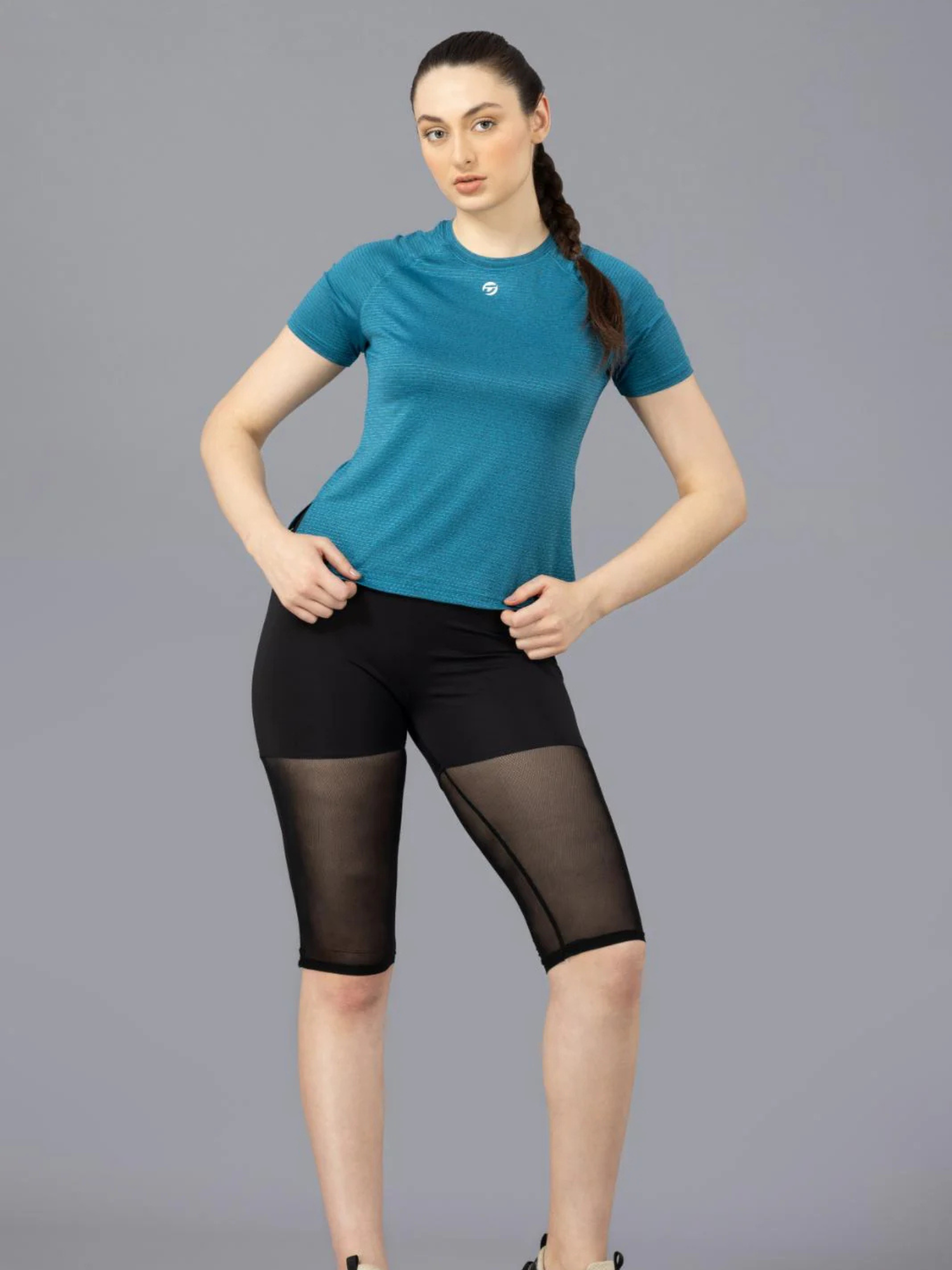 Women's Plain T-shirt – Striped Melange Look - Air Force