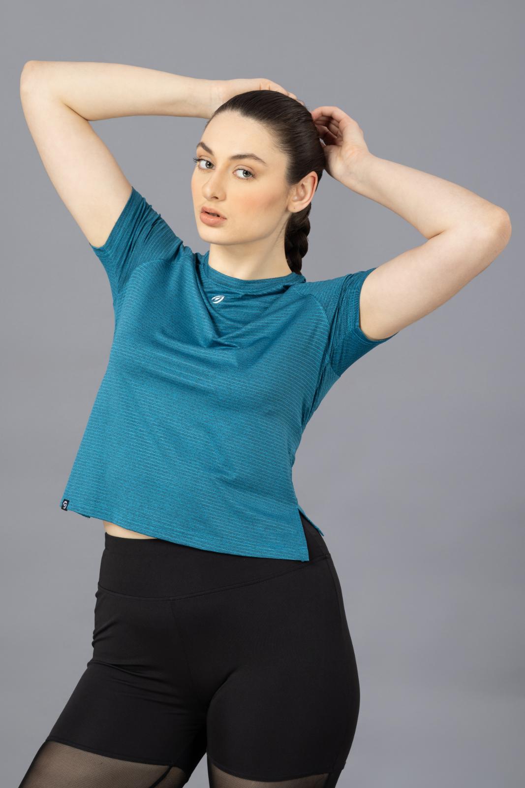 Women's Plain T-shirt – Striped Melange Look - Air Force