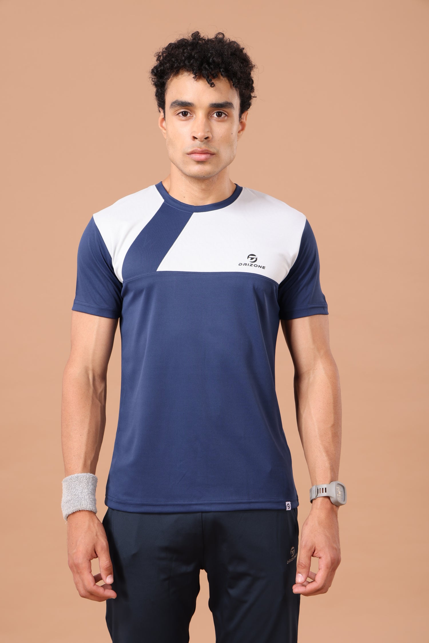 Drizone Dot Knit Round Neck Half Sleeve Panel T-Shirt for Men – Soft & Sporty - Navy Blue