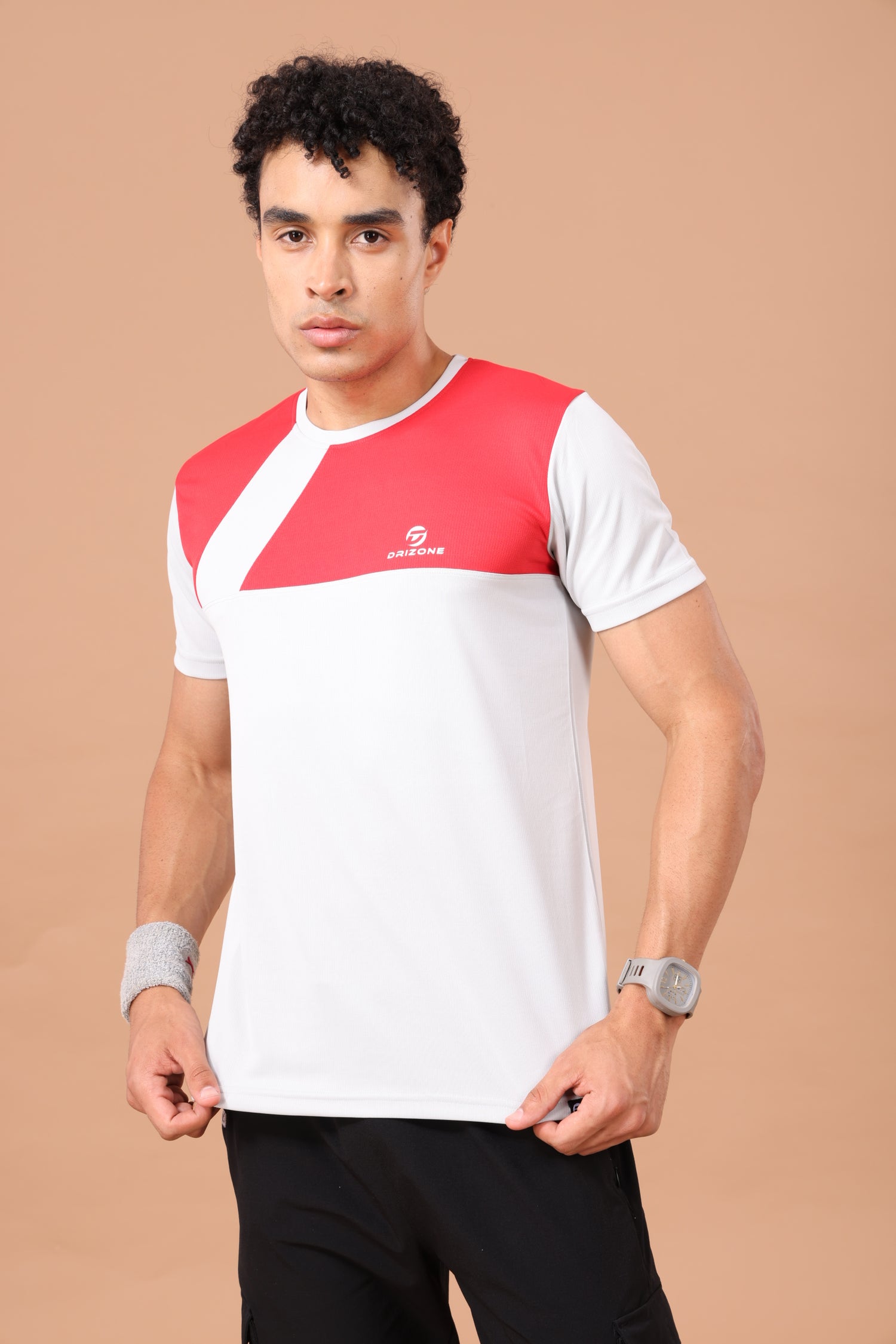 Drizone Dot Knit Round Neck Half Sleeve Panel T-Shirt for Men – Soft & Sporty - Light Grey