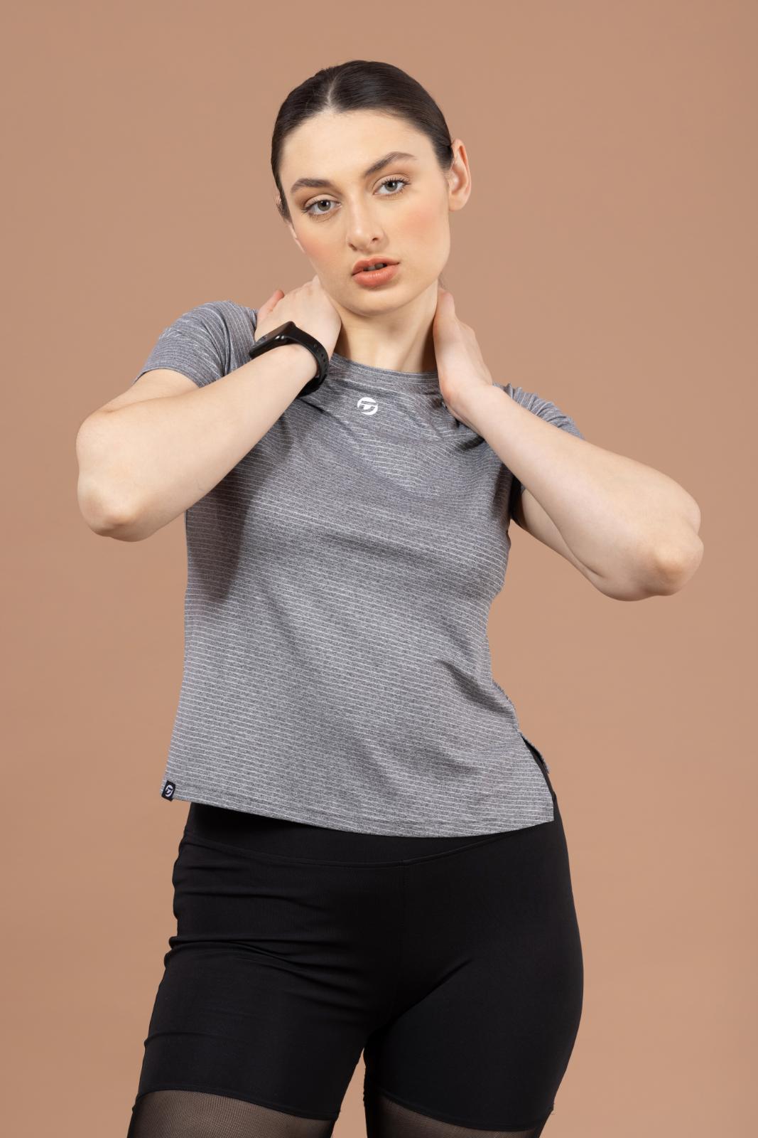Women's Plain T-shirt – Striped Melange Look - Light Grey