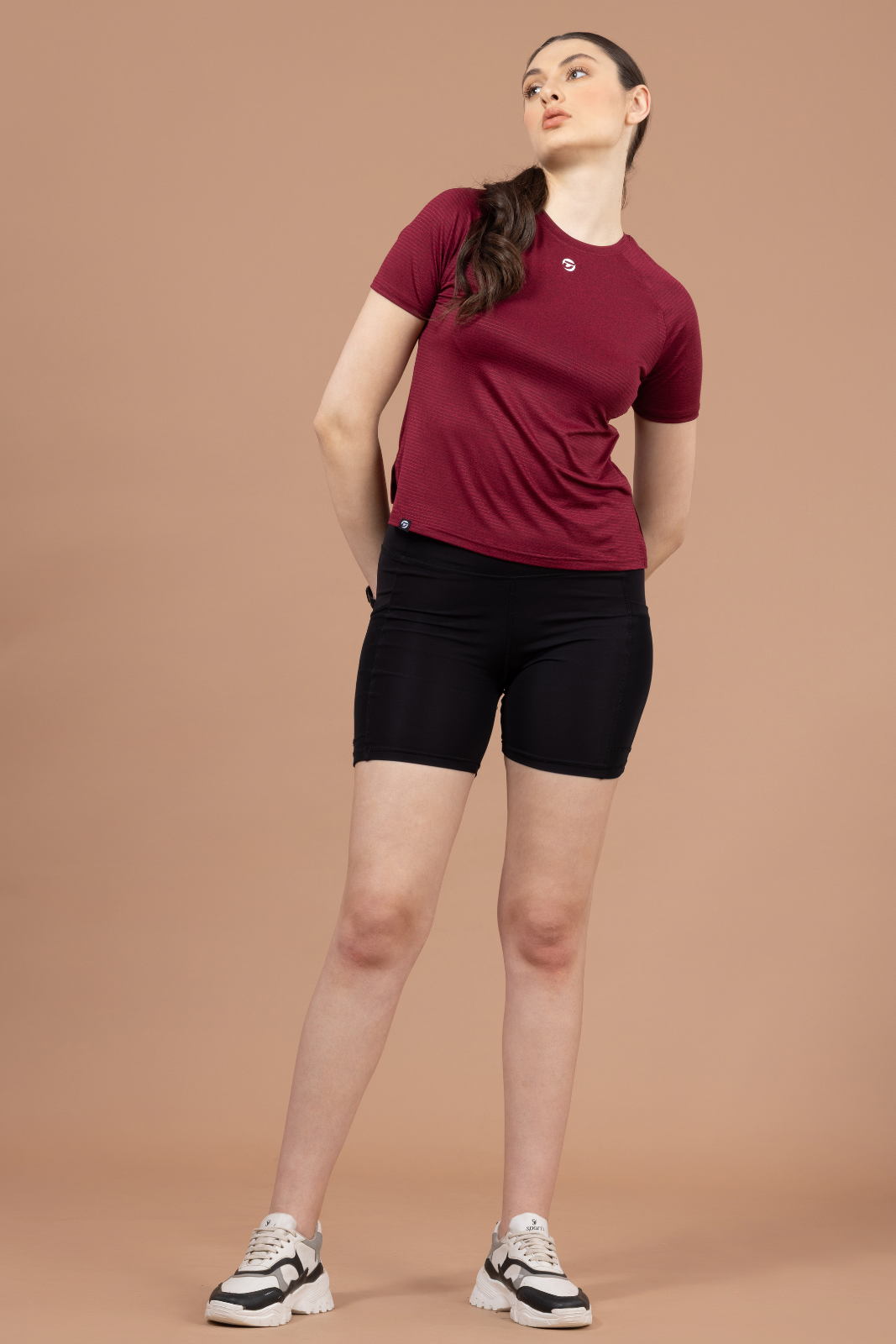 Women's Plain T-shirt – Striped Melange Look - Red