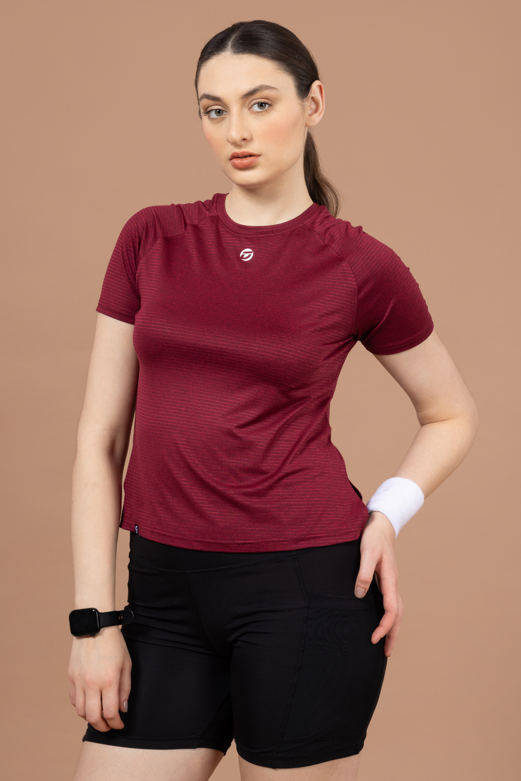 Women's Plain T-shirt – Striped Melange Look - Red