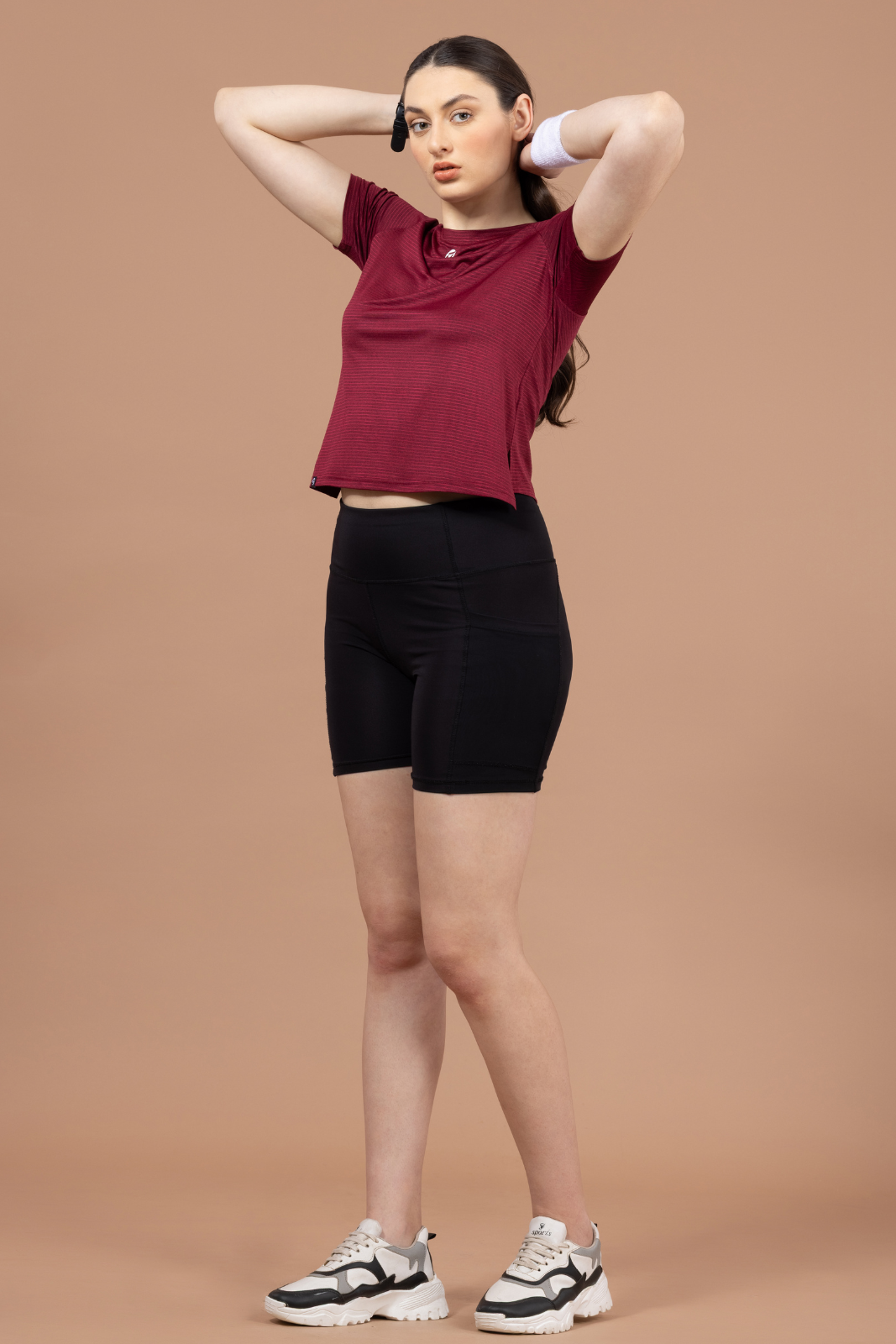 Women's Plain T-shirt – Striped Melange Look - Red