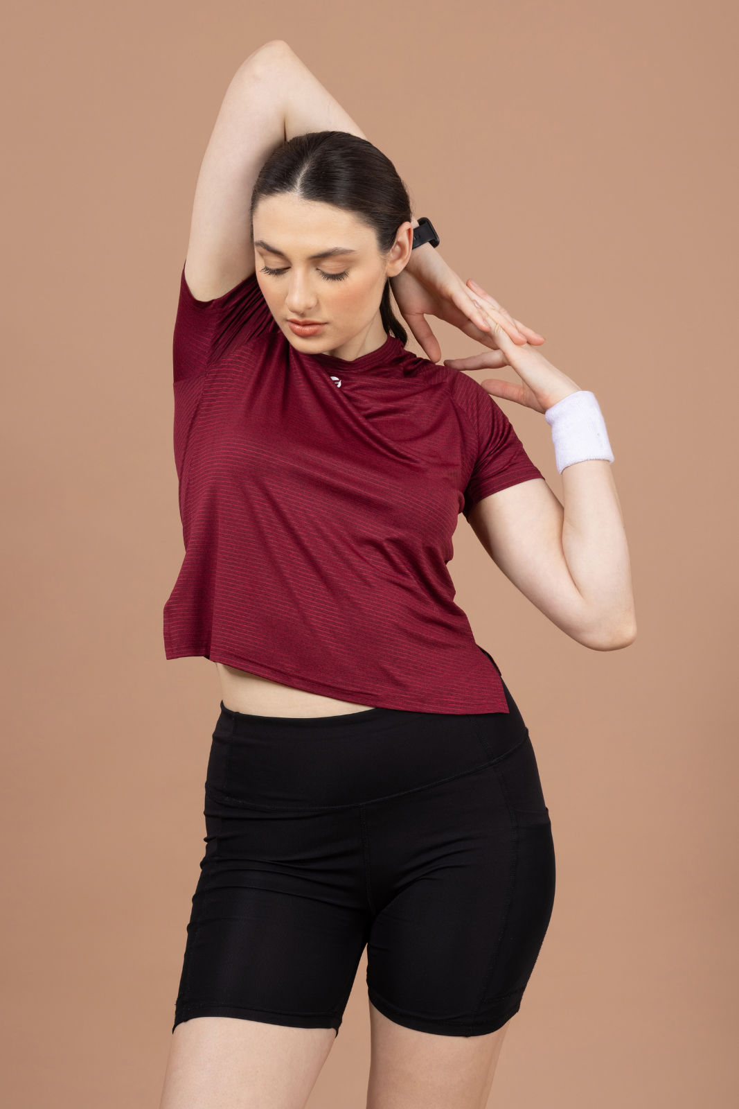 Women's Plain T-shirt – Striped Melange Look - Red