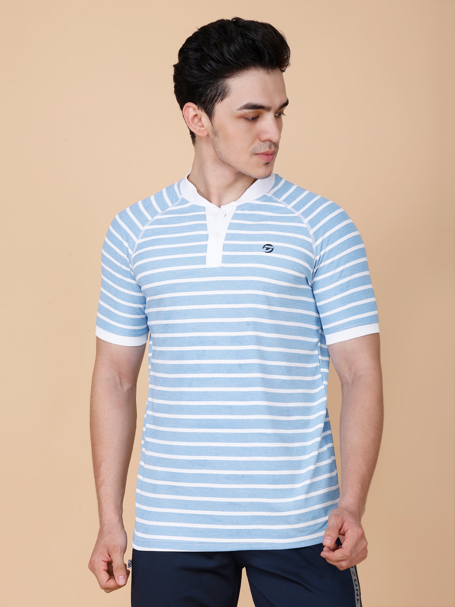 Drizone Collar Polo T-shirt – Mattie Striped Design - Sky Blue
