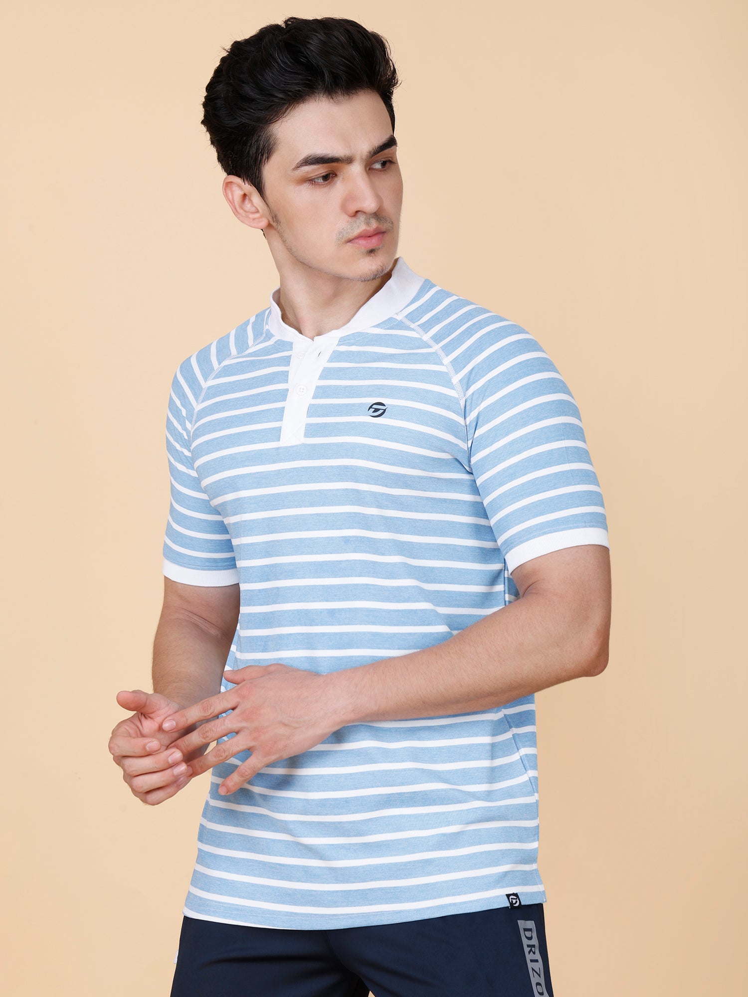 Drizone Collar Polo T-shirt – Mattie Striped Design - Sky Blue