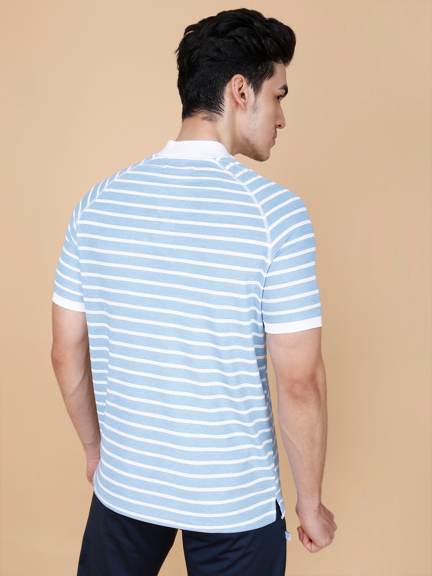 Drizone Collar Polo T-shirt – Mattie Striped Design - Sky Blue