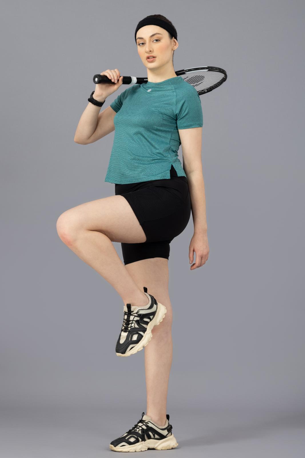 Women's Plain T-shirt – Striped Melange Look - Teal Green