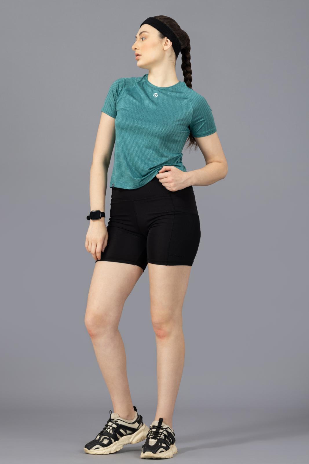 Women's Plain T-shirt – Striped Melange Look - Teal Green
