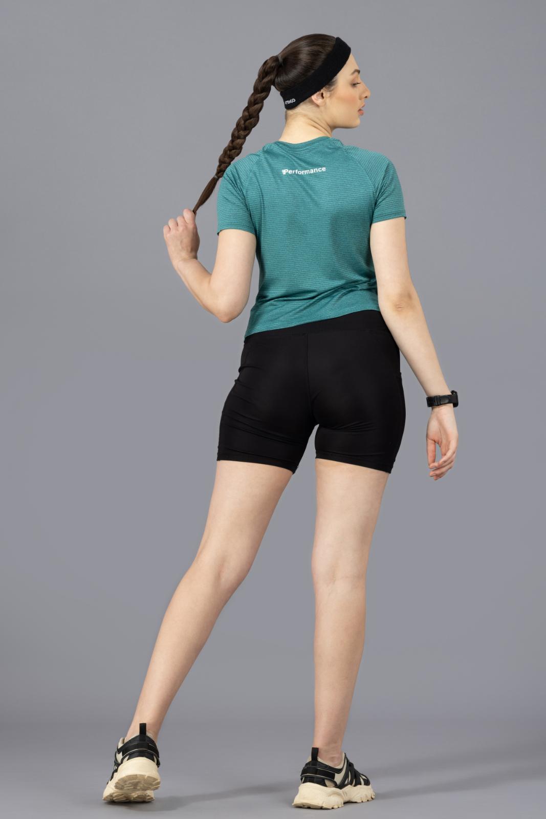 Women's Plain T-shirt – Striped Melange Look - Teal Green