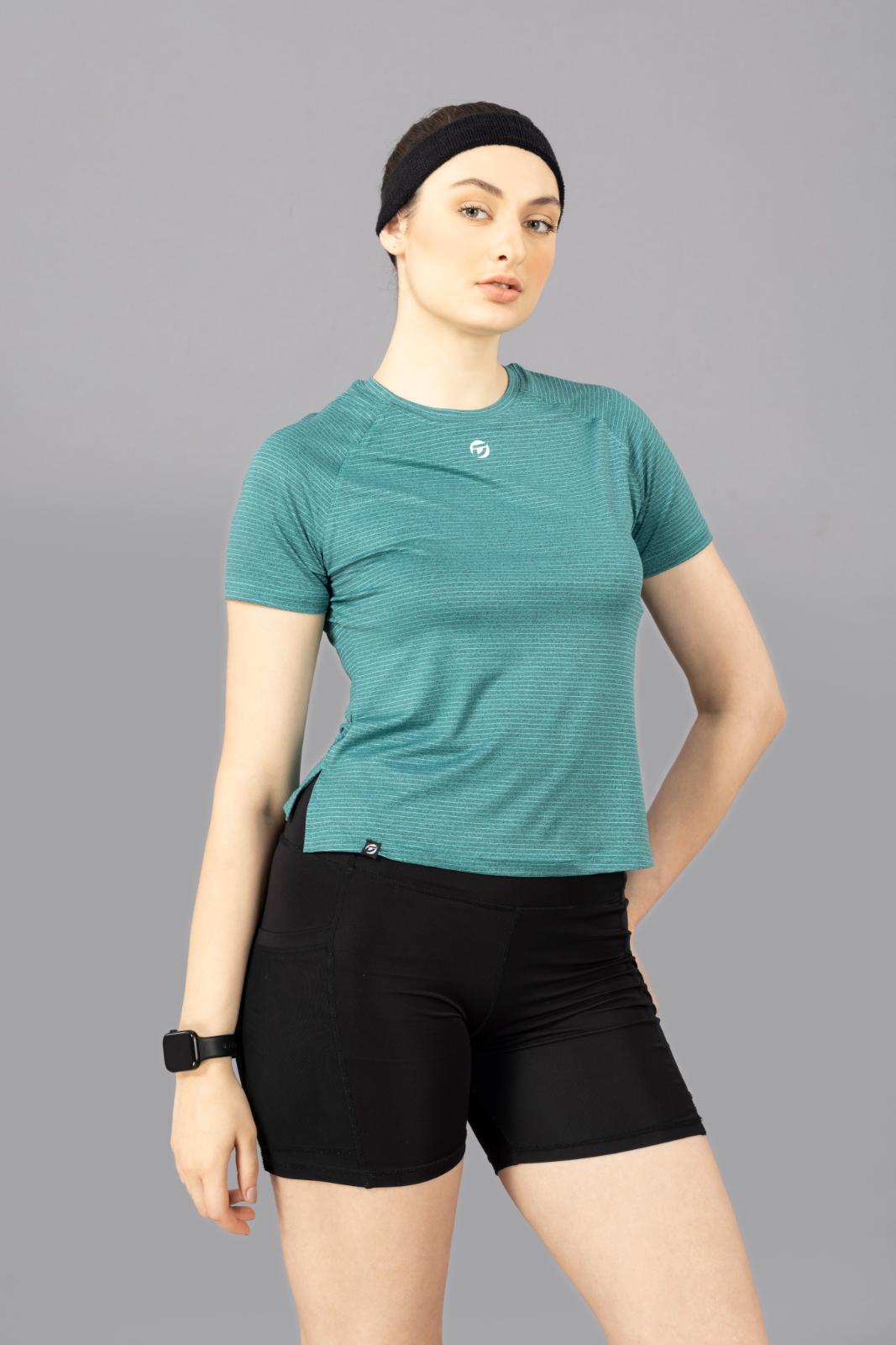 Women's Plain T-shirt – Striped Melange Look - Teal Green