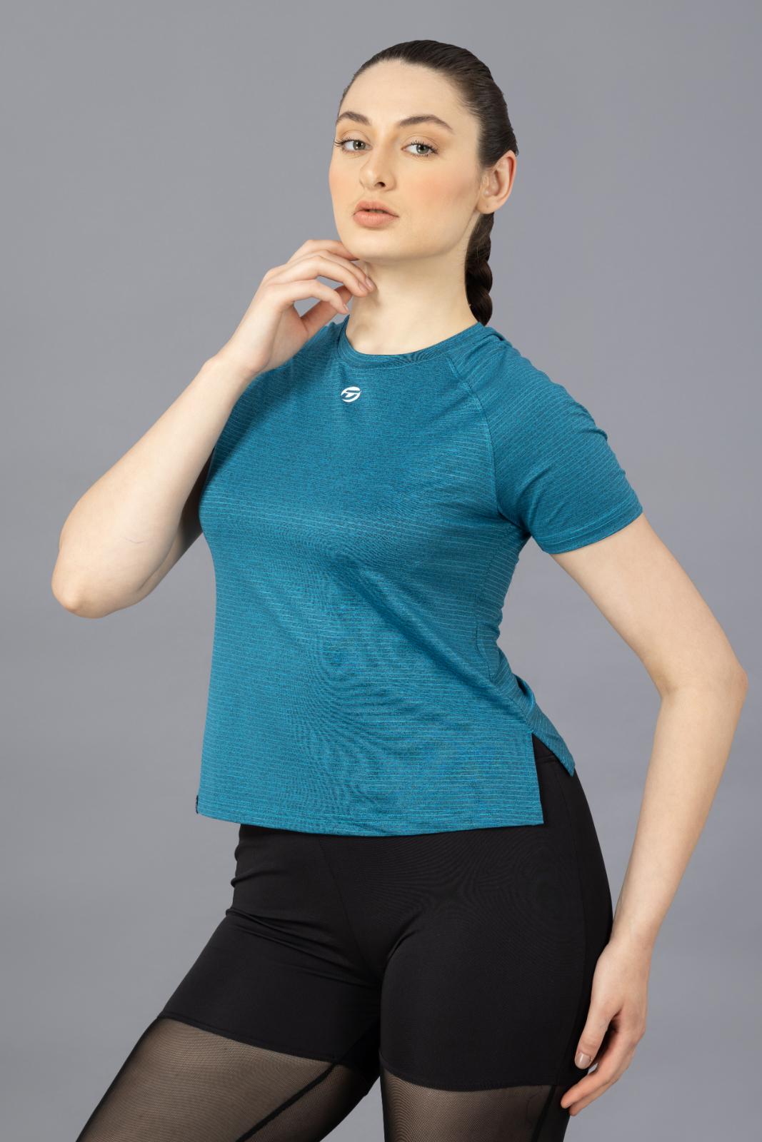Women's Plain T-shirt – Striped Melange Look - Air Force