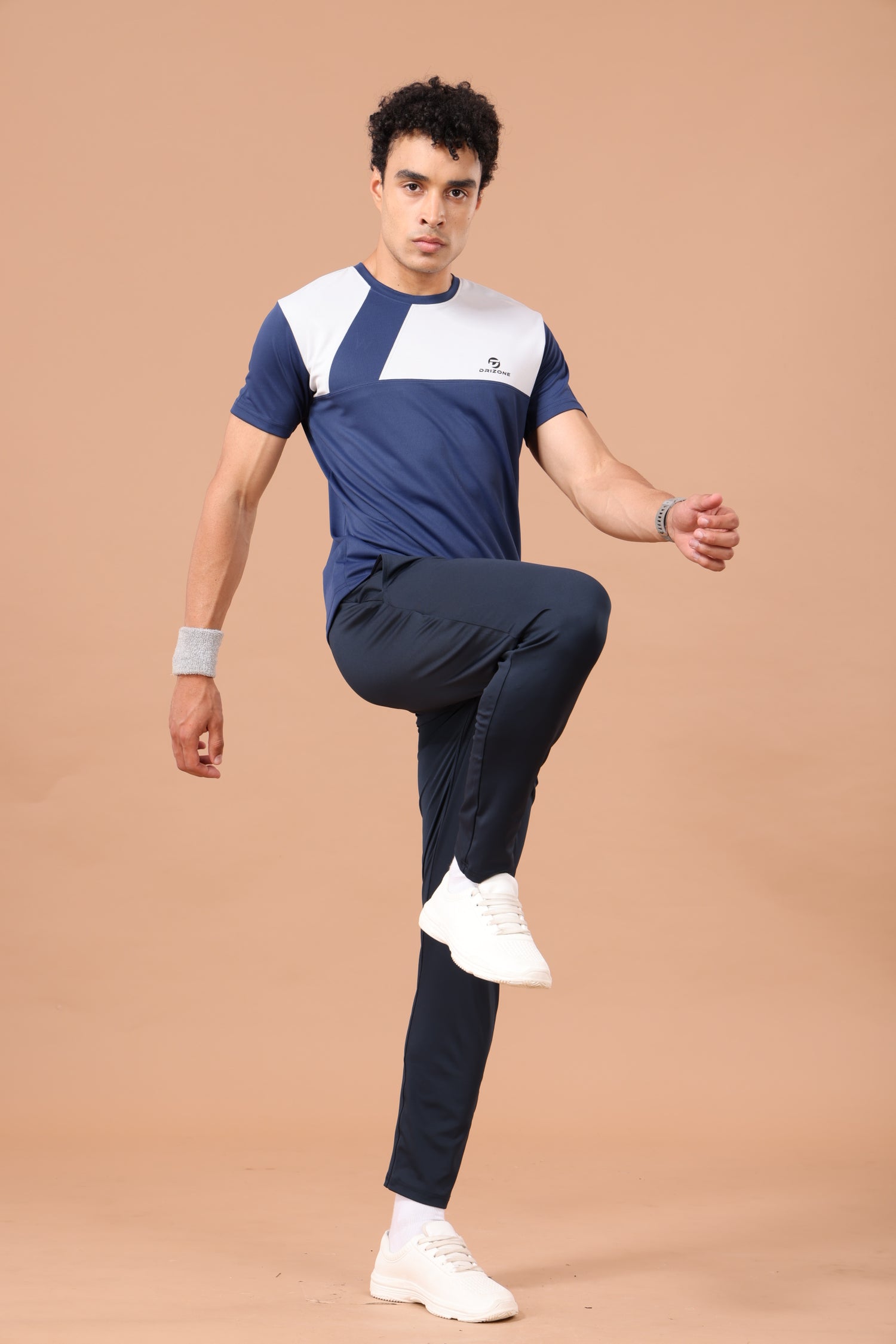 Drizone Dot Knit Round Neck Half Sleeve Panel T-Shirt for Men – Soft & Sporty - Navy Blue