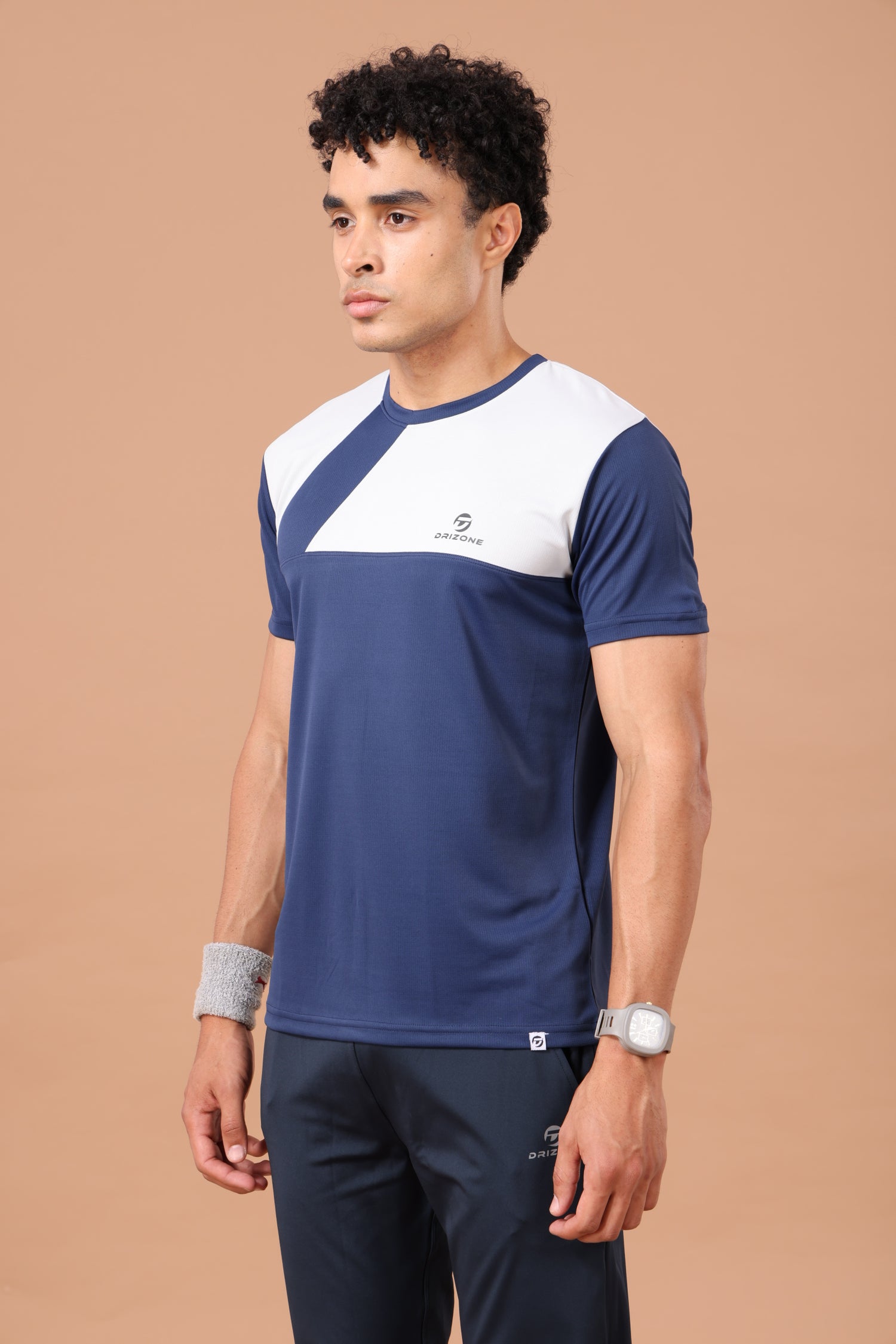 Drizone Dot Knit Round Neck Half Sleeve Panel T-Shirt for Men – Soft & Sporty - Navy Blue
