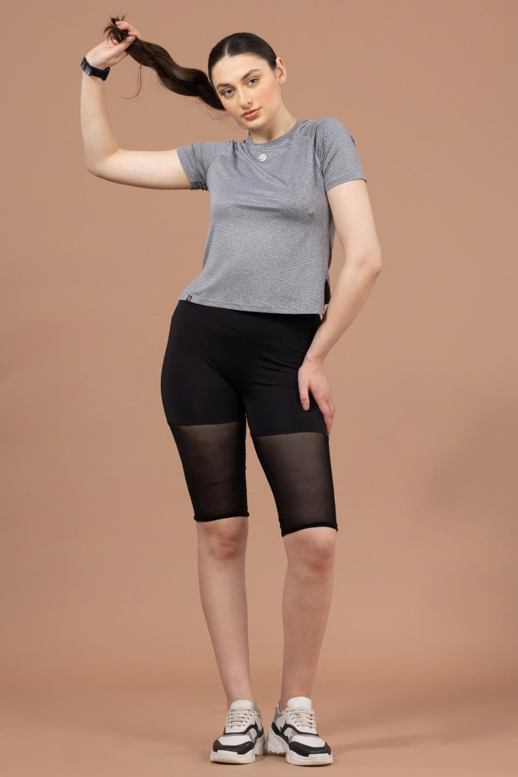 Women's Plain T-shirt – Striped Melange Look - Light Grey