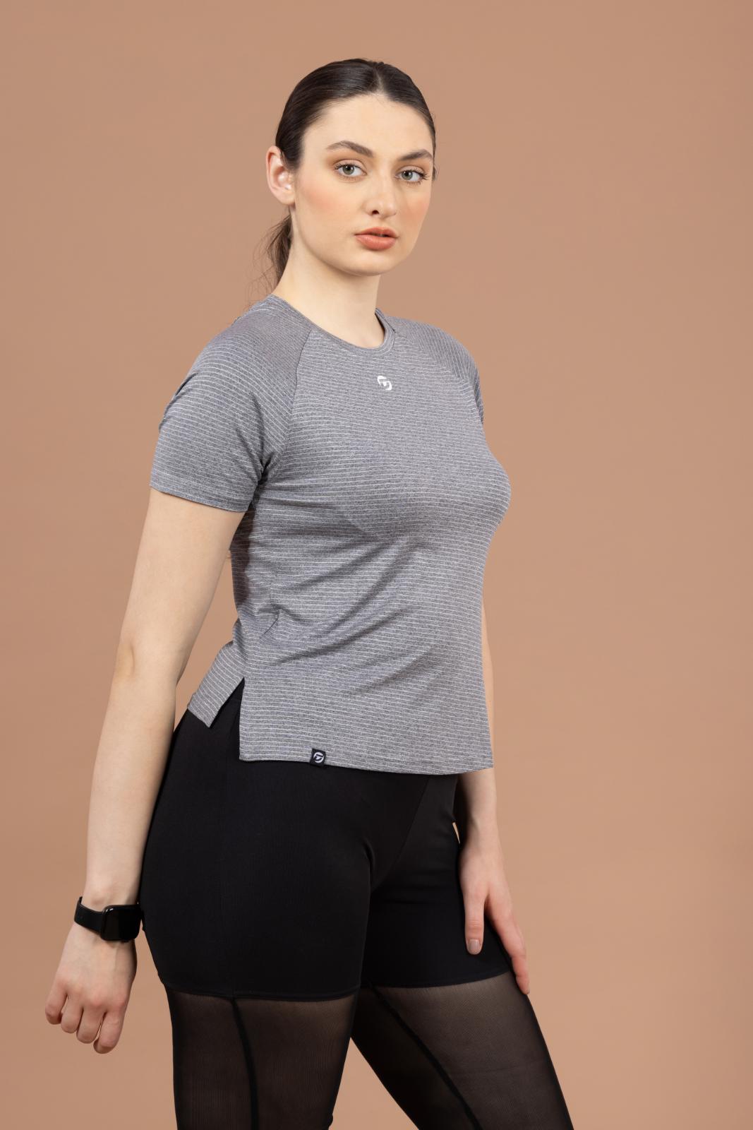 Women's Plain T-shirt – Striped Melange Look - Light Grey