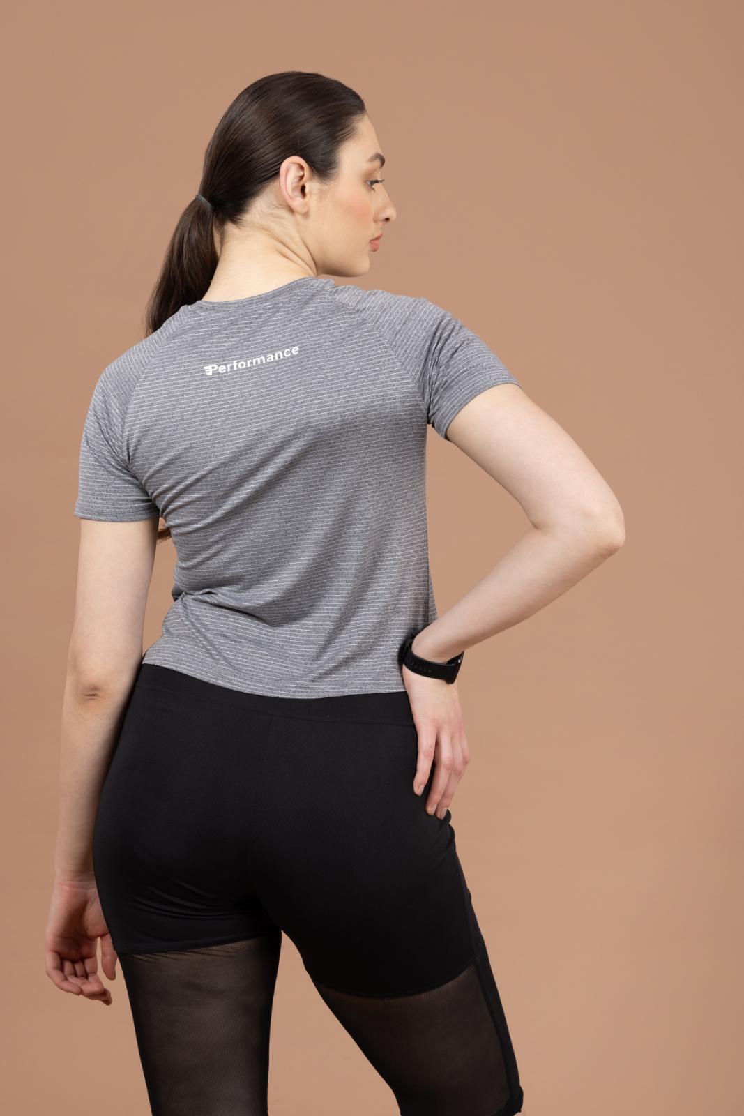 Women's Plain T-shirt – Striped Melange Look - Light Grey