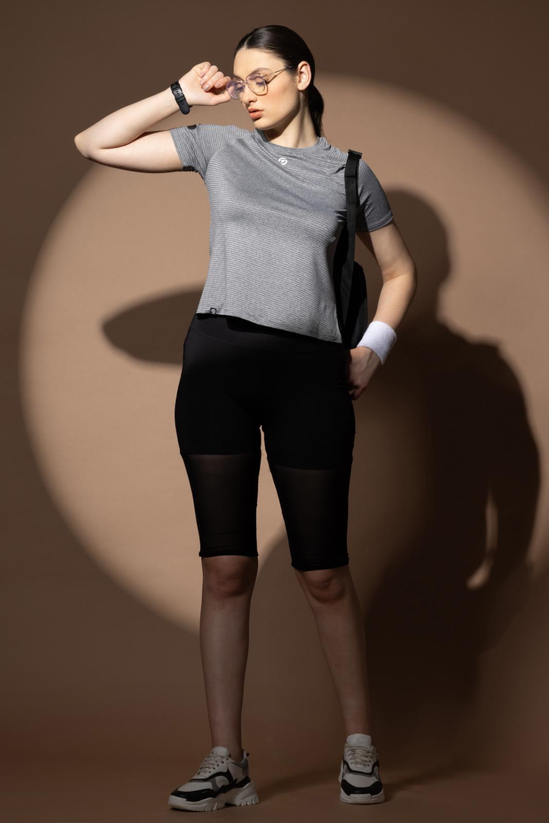 Women's Plain T-shirt – Striped Melange Look - Light Grey