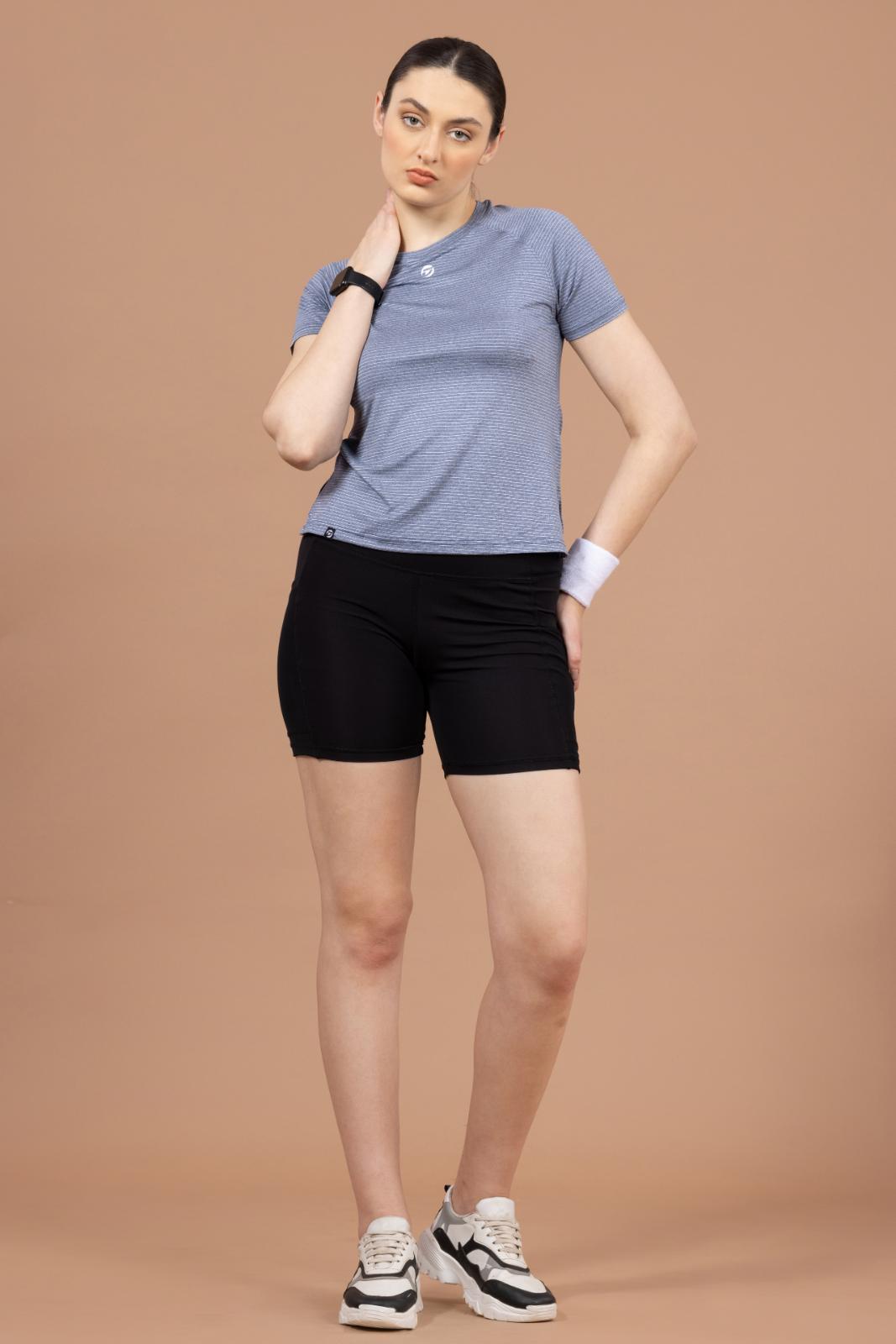 Women's Plain T-shirt – Striped Melange Look - Navy Blue