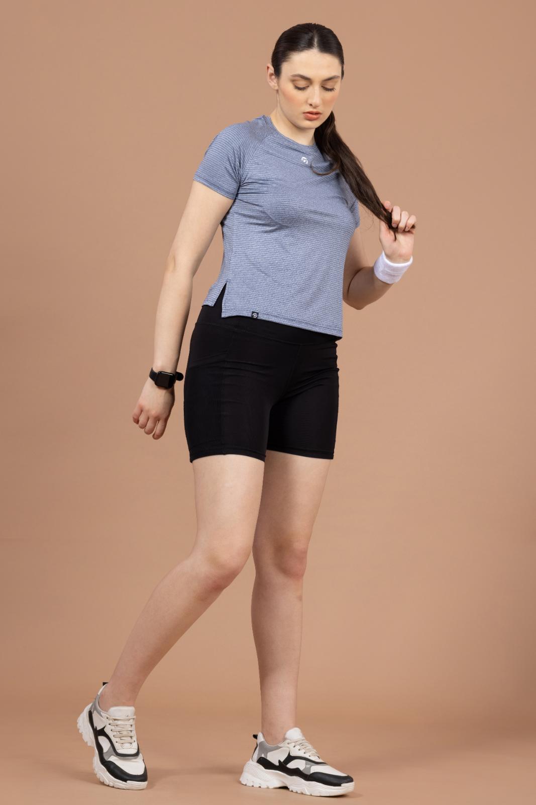 Women's Plain T-shirt – Striped Melange Look - Navy Blue