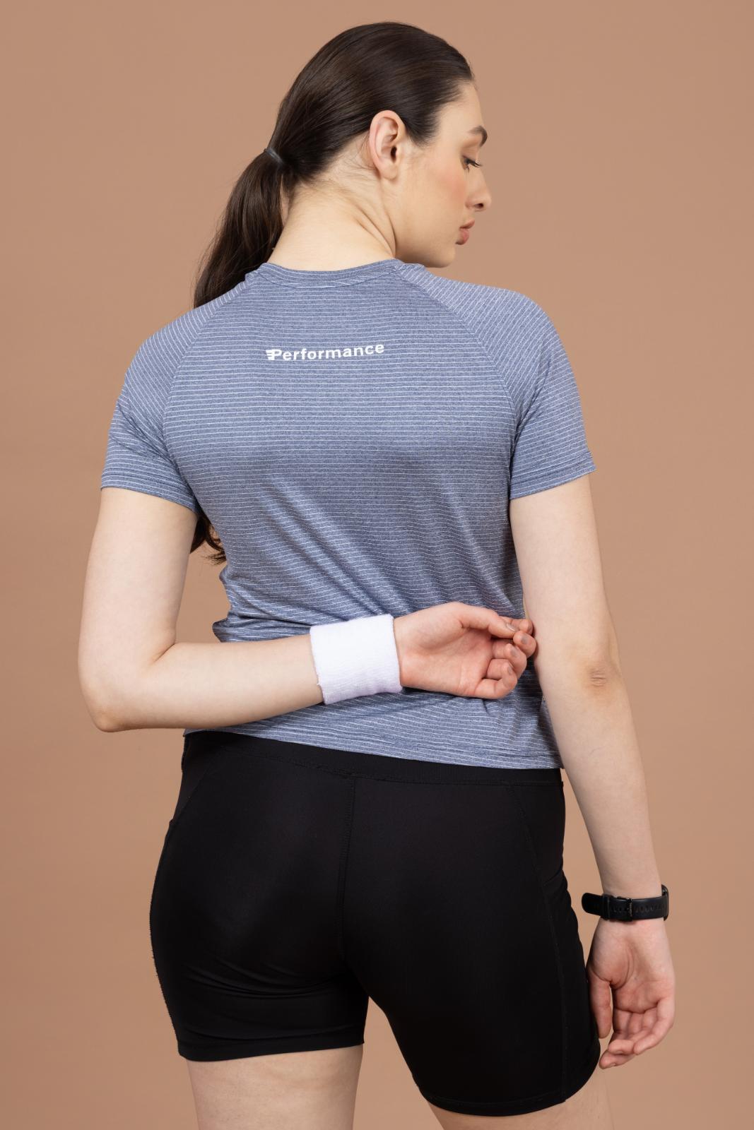 Women's Plain T-shirt – Striped Melange Look - Navy Blue