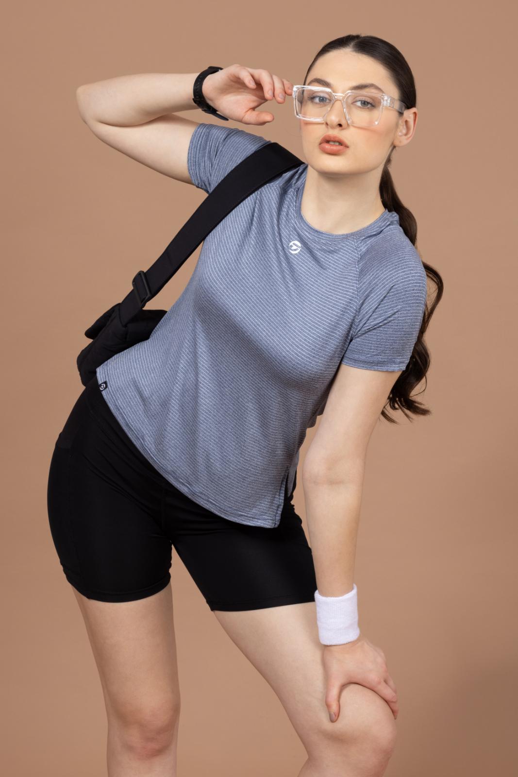 Women's Plain T-shirt – Striped Melange Look - Navy Blue