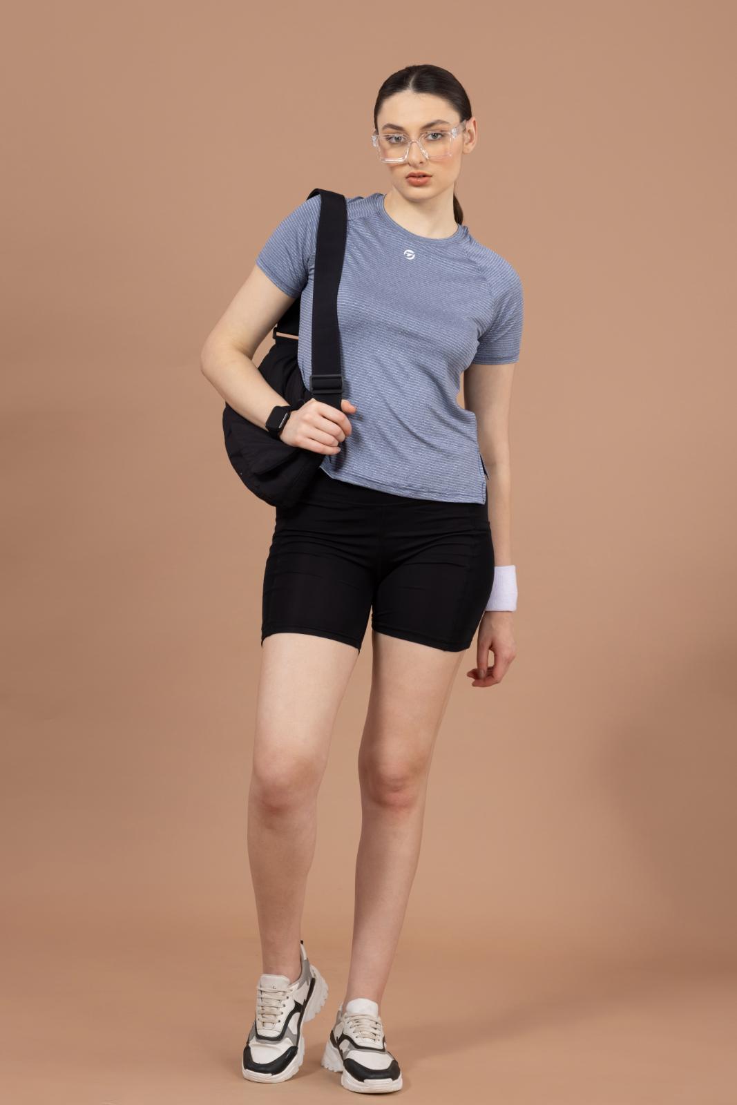 Women's Plain T-shirt – Striped Melange Look - Navy Blue