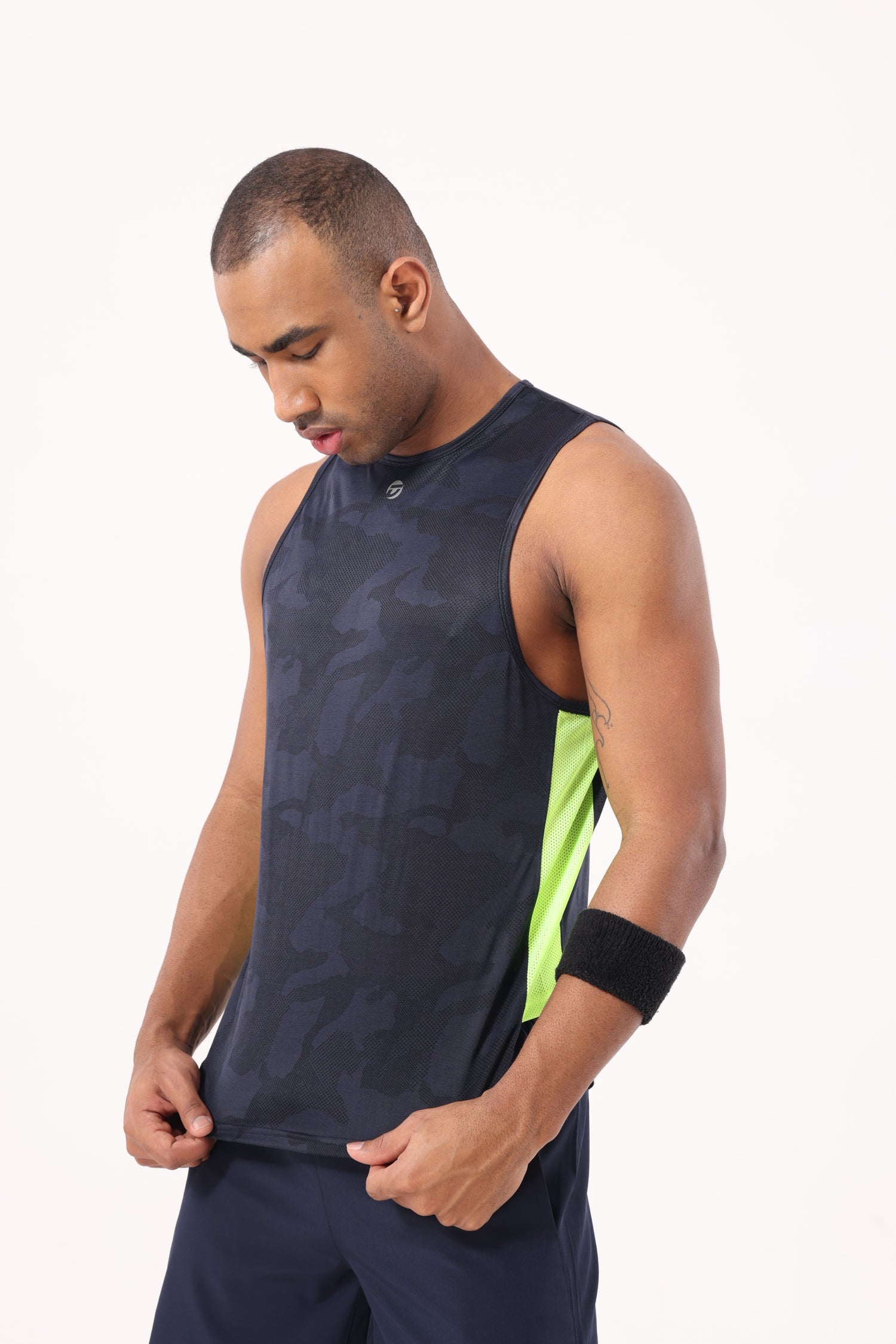 Drizone Self Jacquard Panel Tank Top – Sleeveless Performance Wear - Navy Blue