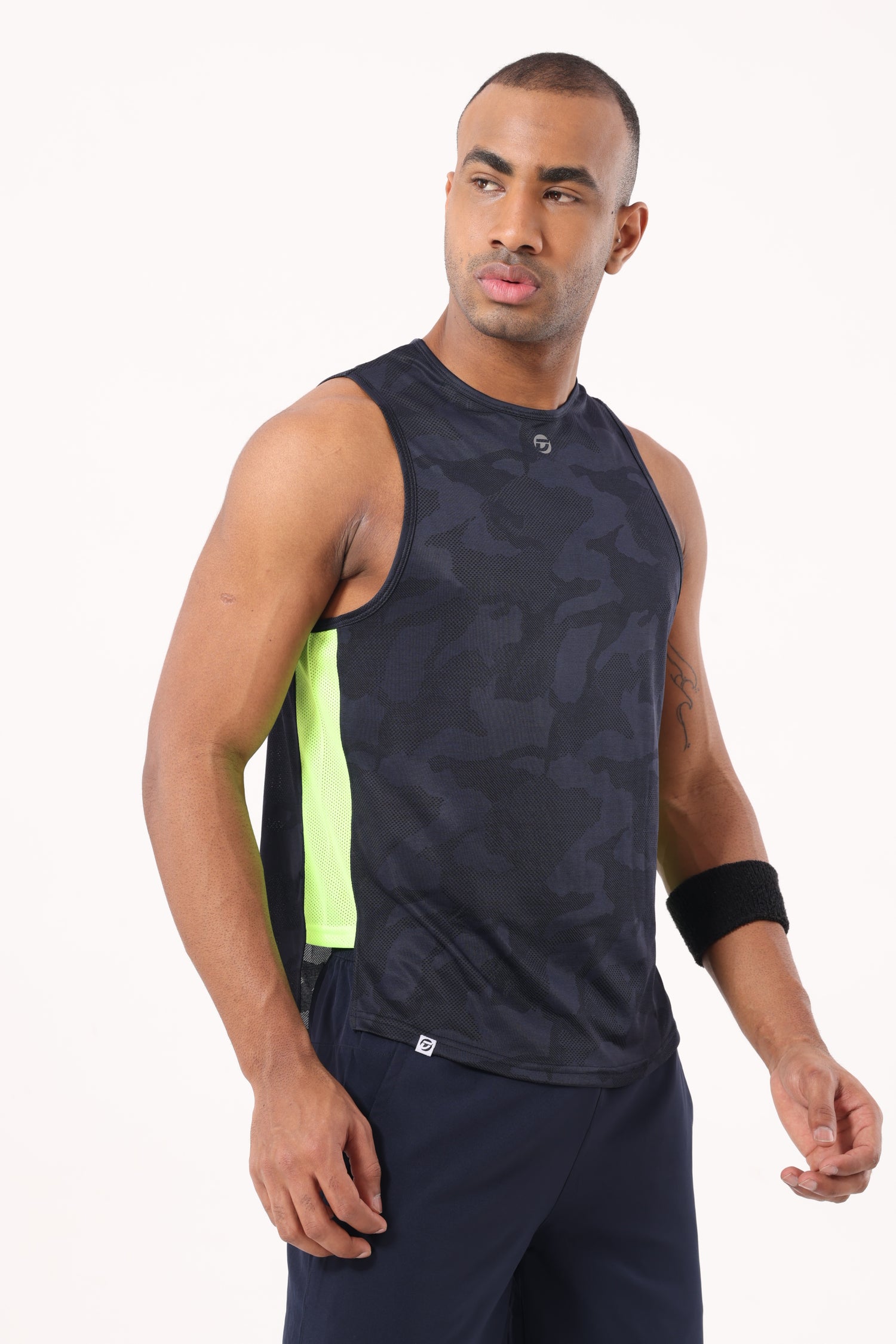 Drizone Self Jacquard Panel Tank Top – Sleeveless Performance Wear - Navy Blue