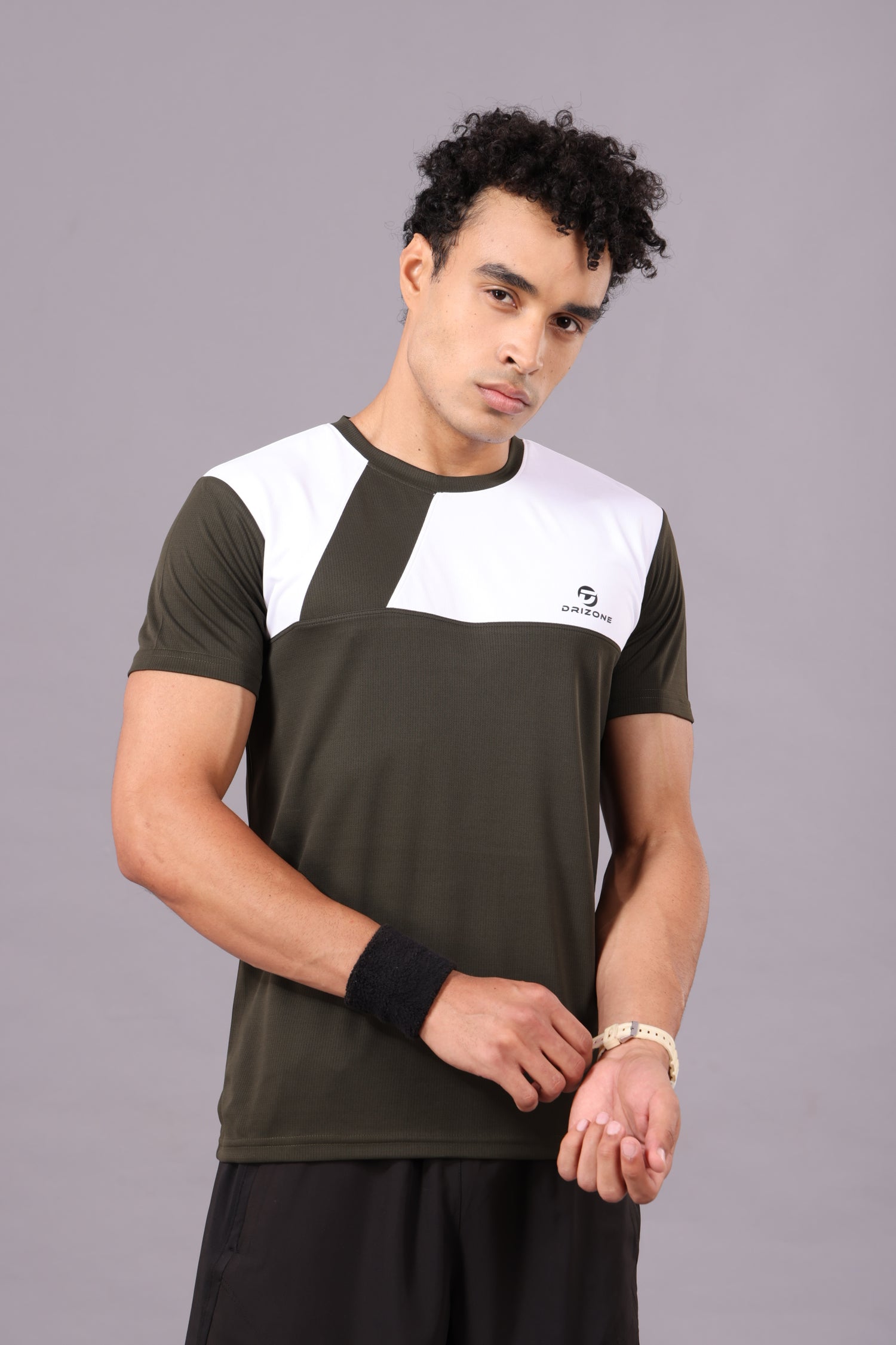 Drizone Dot Knit Round Neck Half Sleeve Panel T-Shirt for Men – Soft & Sporty - Olive