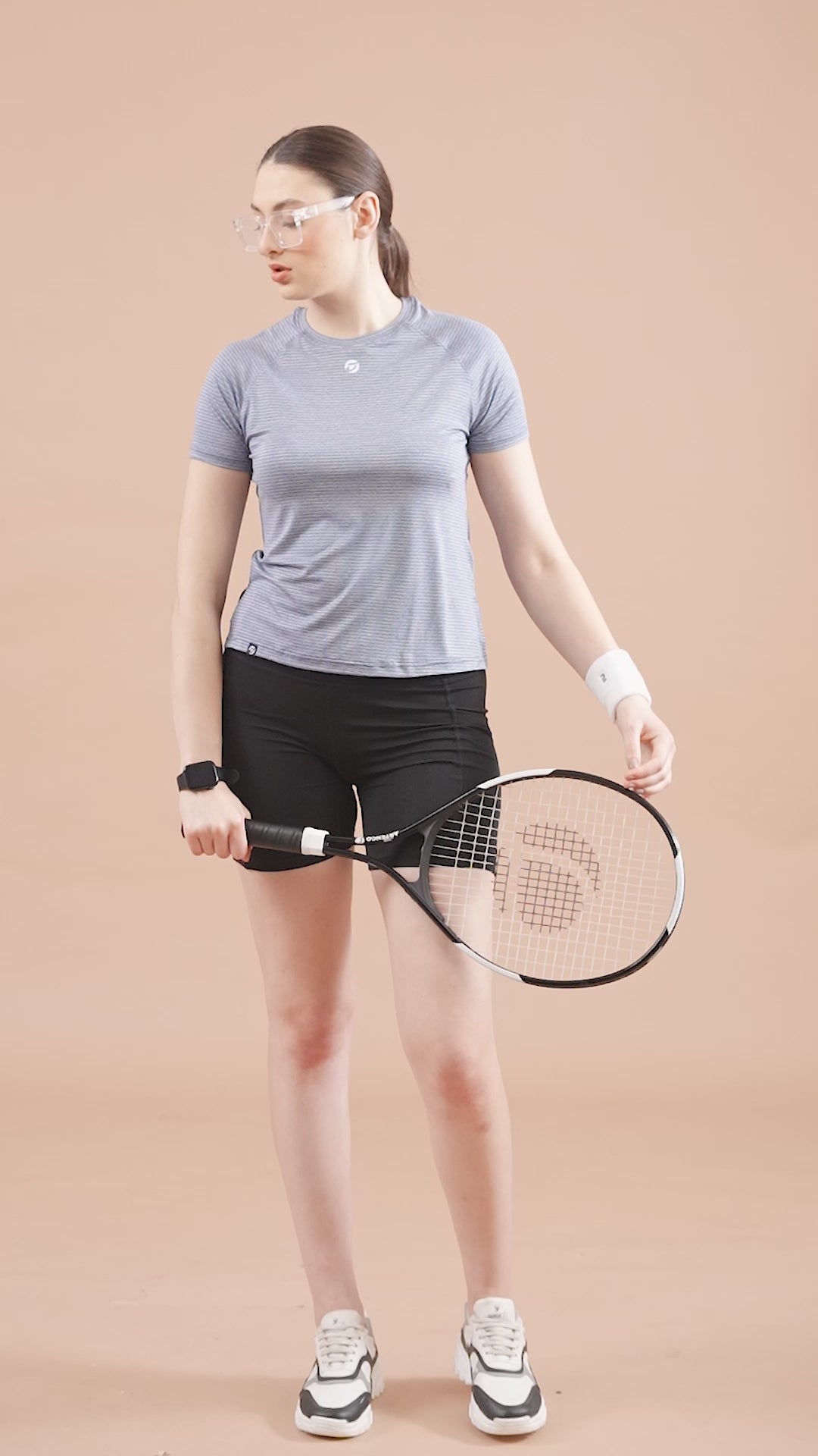 Women's Plain T-shirt – Striped Melange Look - Navy Blue